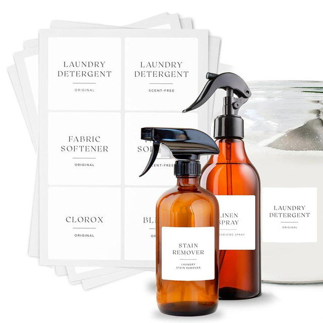 Calla Collections Minimalist Laundry Room Labels - 30 Waterproof Stickers for Spray Bottles and Detergent Dispensers, Cleaning Supplies Organizer