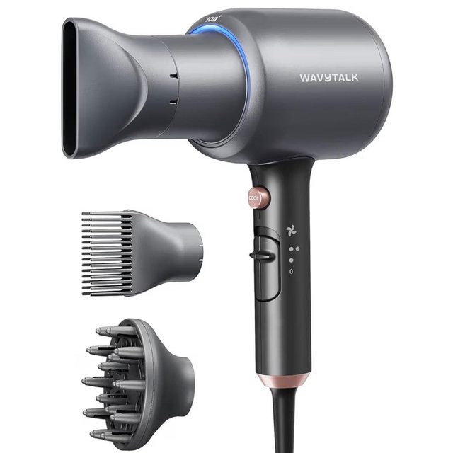 Wavytalk Blow Dryer, Blown Away Ionic Hair Dryer for Curly Hair with Diffuser, 1875W Fast Drying Blow Dryer with Ceramic Technology, 3 Attachments for All Hair Types, Light and Quiet, Grey