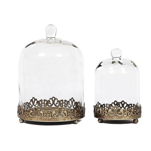 12" Tall Large Sturdy Handmade Glass Cloche Dome with Metal Base 11.4" H x 8" and 8" H x 5.5" in Set of 2 in Gold for Plant, Terrarium, Collectibles, Candle. Cloche Glass Dome, Bell Jar Display Case