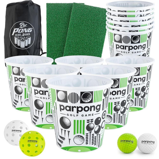 VULCANO SPORTS Par Pong Backyard Golf Chipping Game – Outdoor Golf Game with 12 Buckets, 2 Hitting Mats & Golf Balls – for Adults, Tailgating, BBQ, Parties & Gifts for Golfers.