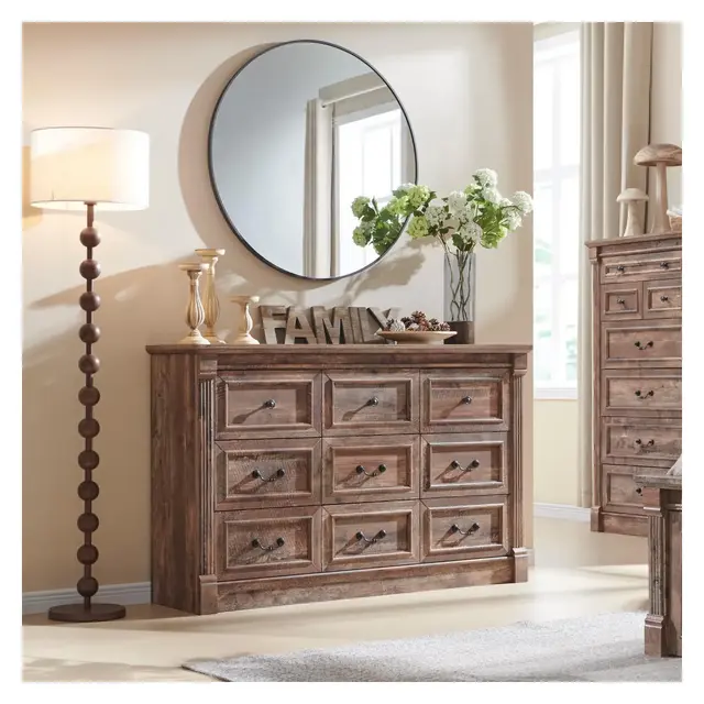 Sincido 9 Drawers Dresser for Bedroom, Farmhouse 55" Wide Tall Dressers w/Roman Column, White
