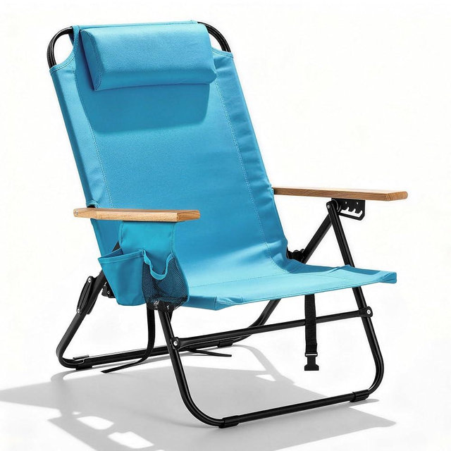 Canpsky Premium Portable Camping Chair 5-Position Recliner Beach Folding Lightweight Outdoor Chair with Wooden Armrests, Headrest, Multi-Pockets Heavy Duty 350lbs, for Patio, Backyard, Blue
