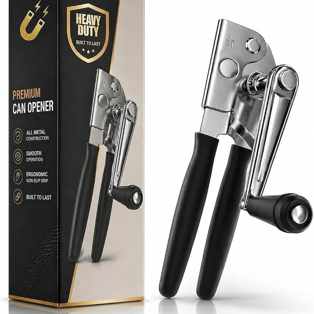 Heavy Duty Commercial Can Opener – Stainless Steel Can Opener for Large & Small Cans, Manual 360° Smooth Crank with Ergonomic Long Handles, Non-Slip Grip, 2-in-1 Bottle Opener for Restaurants & Home