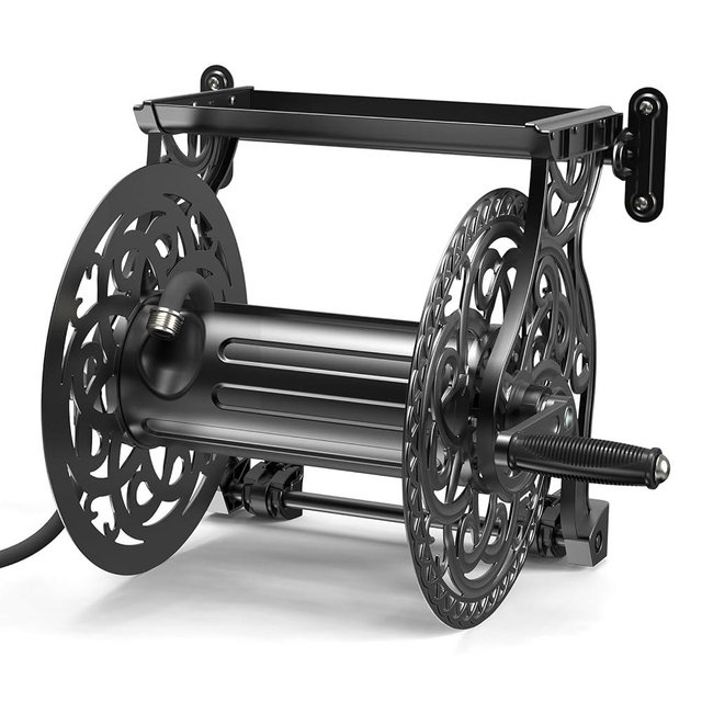Relhost Garden Hose Reel, Hose Holder with Aluminum Frame, Never-Leak System, Easy Assembly, Hose Reel Wall Mount Holds 135 ft x 5/8 in Hose, Ideal for Backyards, Gardens