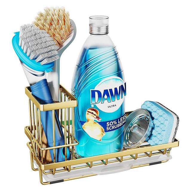 Consumest Sink Caddy, Kitchen Sponge Holder + Dish Brush Holder for Kitchen Sink, Sink Organizer with Drip Tray for Countertop, Stainless Steel Rustproof - Gold