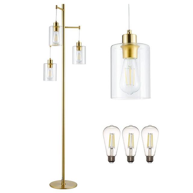 VONLUCE Gold Floor Lamp for Living Room, Modern Brass Floor Lamp 64'' Tall Standing Light w/ E26 Bulbs & Foot Switch, Industrial Standing Lamp for Bedroom Home Office Décor Reading