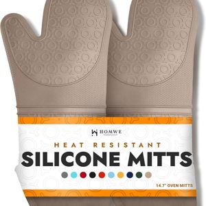 BPA-Free Silicone Oven Mitts Ultra Heat Resistant up to 500°F - Oven Mitts with Thick Cotton Liner - Long Slip Resistant Pot Holders, Flexible Oven Gloves - Beige 14.7
