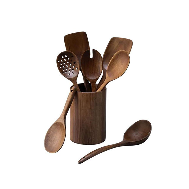 JazzUpCo Handcrafted Teak Wood Kitchen Utensils Set of 7, Non-Toxic Eco-Friendly Cooking Tools, Scratch-Safe for Non-Stick Cookware, Modern Milan-Designed Wooden Spatulas, Spoons & Serving Utensils