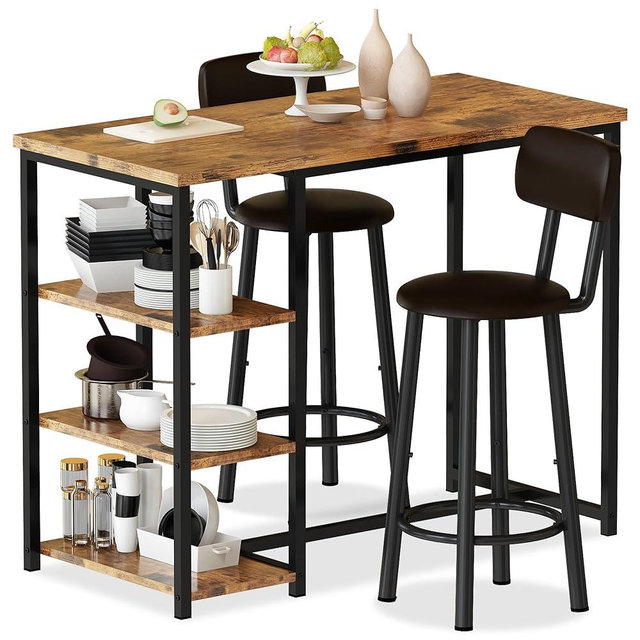 Recaceik Bar Dining Table Set for 2 with 3 Storage Shelves, Modern Bar Table and Chairs Set with 2 PU Leather Widen Backrest Chairs & Thickened Top, Kitchen Pub Dining Table for Small Space, Brown