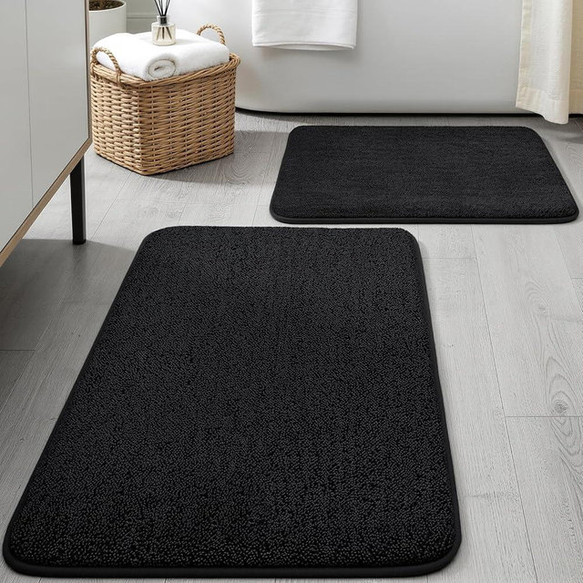 YIHOUSE Memory Foam Bathroom Rugs Sets 2 Piece - Extra Thick Soft Towel-Like Absorbent Bath Mat Set, Non Slip Machine Washable Bath Rugs Carpet for Bath, Tub & Shower (32"x20"+24"x17", Black)