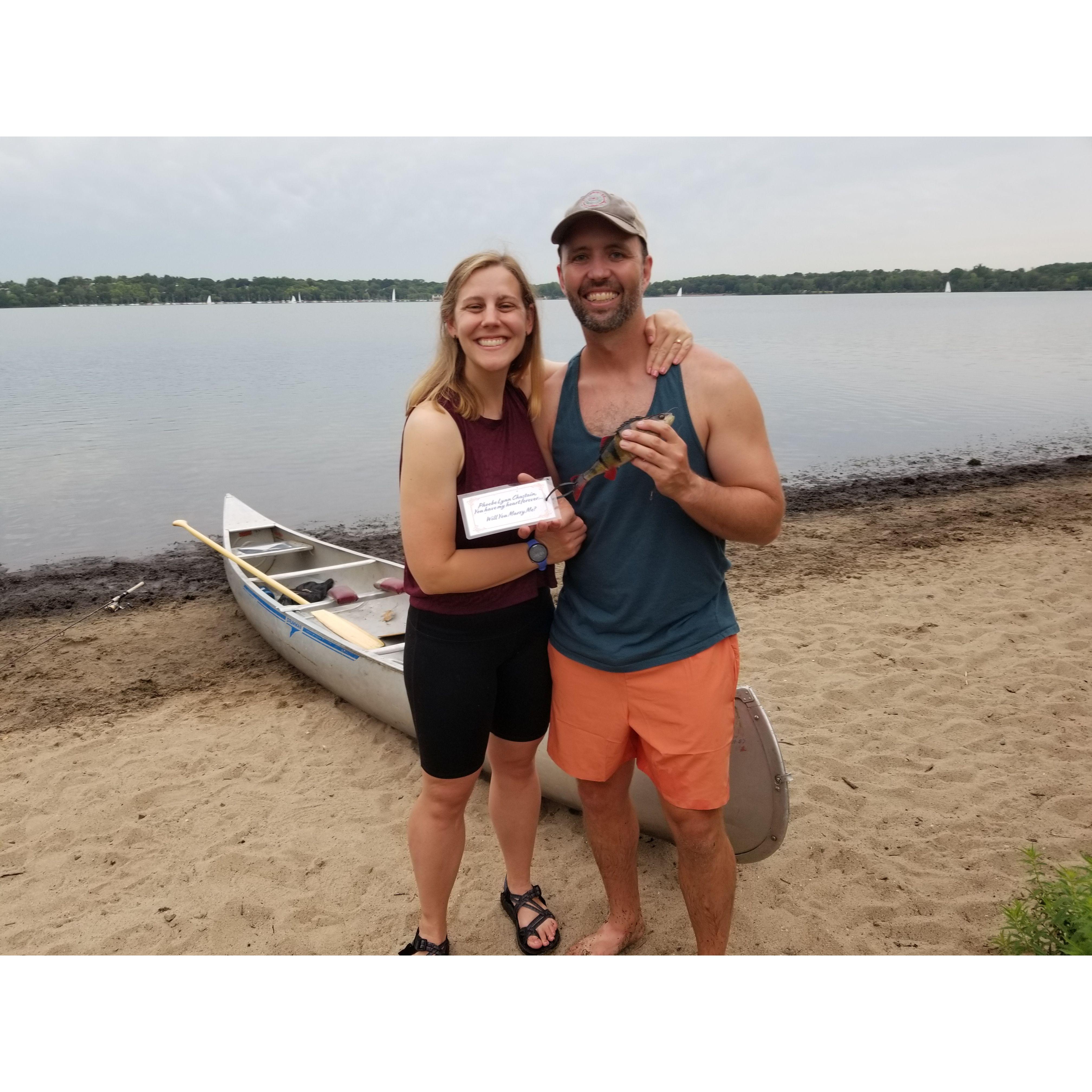 Celebrating our engagement at Lake Harriet, where Matt proposed with the help of a little fishy friend!
