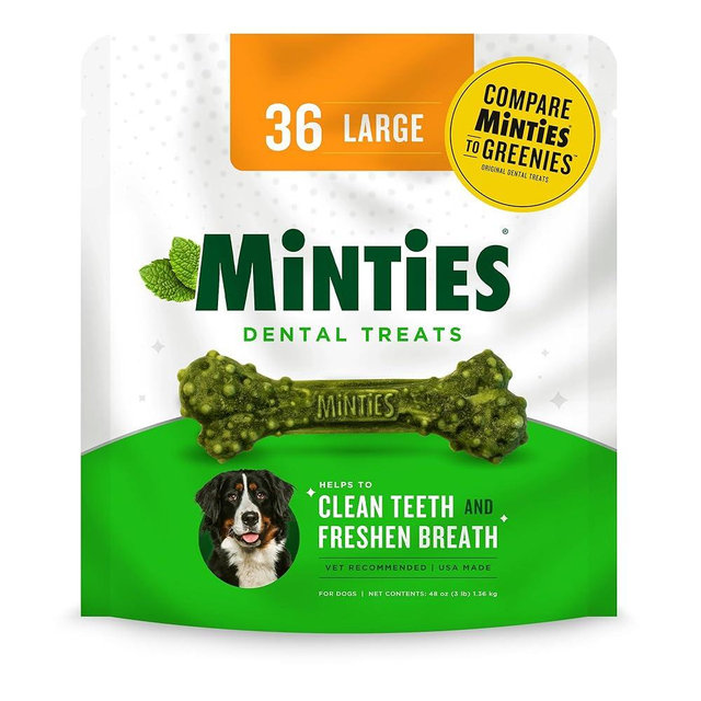 Minties Dental Chews for Dogs, 36 Count, Vet-Recommended Mint-Flavored Dental Treats for Large Dogs Over 50 lbs, Dental Bones Clean Teeth, Fight Bad Breath, and Removes Plaque and Tartar