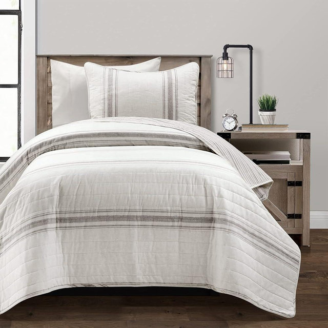 Lush Decor Farmhouse Stripe Reversible Quilt Set, 2 Piece Set, Twin XL, Gray - Twin Bedding Set - Dorm Decor - Striped Quilt For Kids Or Teens - Modern Farmhouse Bedroom Decor