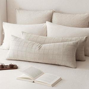 Foindtower Set of 2 Decorative Linen Check Throw Pillow Covers Neutral Farmhouse Vintage Cushion Covers Cozy Modern Coastal Boho Home Decor for Sofa Chair Couch Bed Living Room,14×36 Inch,Light Grey