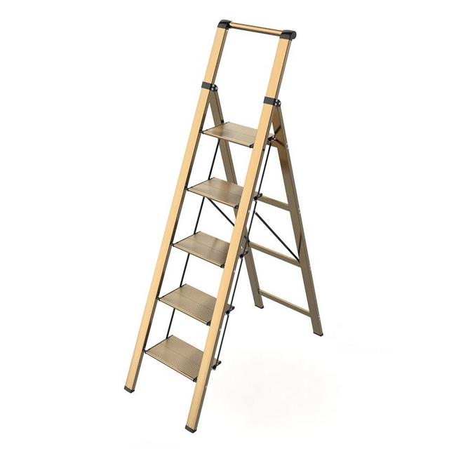 5 Step Ladder, Folding Step Stool, Lightweight Aluminum Foldable Ladder for 10 Foot High Ceiling with Anti-Slip Wide Sturdy Pedal and Handgrip, Multi-Use for Home (330 lbs Capacity) - Champagne Gold