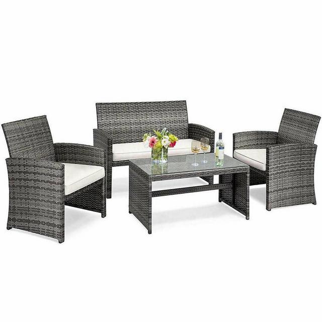 Mix Gray 4-Piece Rattan Wicker Patio Conversation Set with Beige White Cushions Garden Lawn Furniture