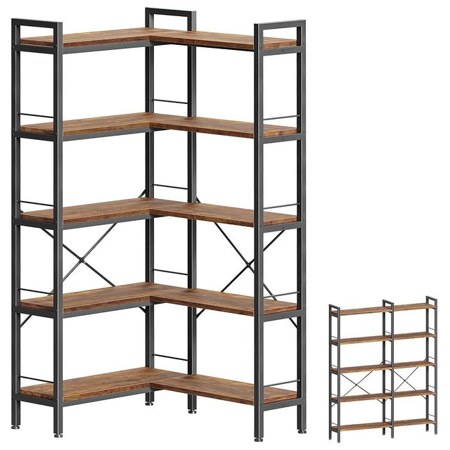 Huuger 5 Tier Bookshelf, L Shaped Corner Bookshelf with 10 Open Shelves, 49.4 Inch Straight Wide Bookcase with Metal Frame and Wooden Board, Adjustable Feet, Rustic Brown