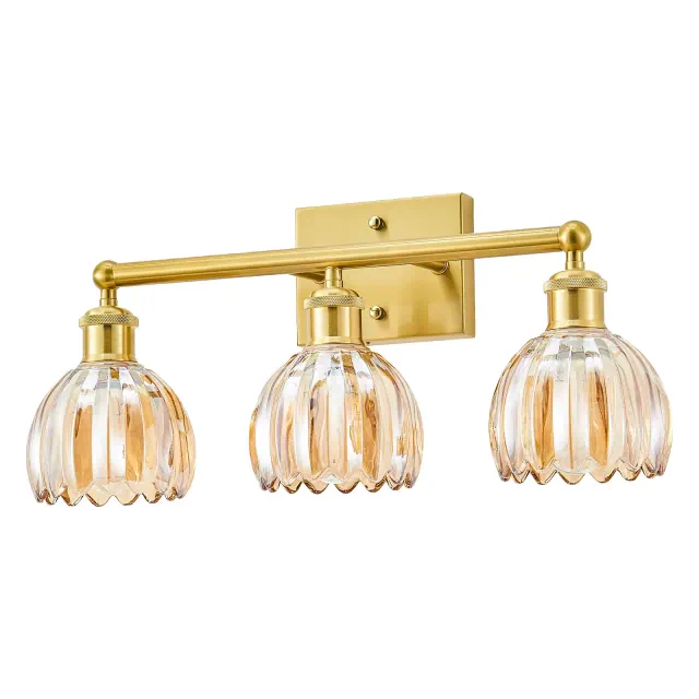 Vintage Bathroom Vanity Light,3-Light E26 Base Wall Sconce With Patterned Glass Shade&Brushed Gold, Vanity Lighting Over Mirror