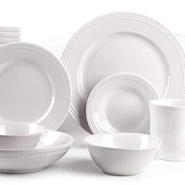 HomeVss, Peal Dots Stoneware Dinnerware Set (42pc Set, White)