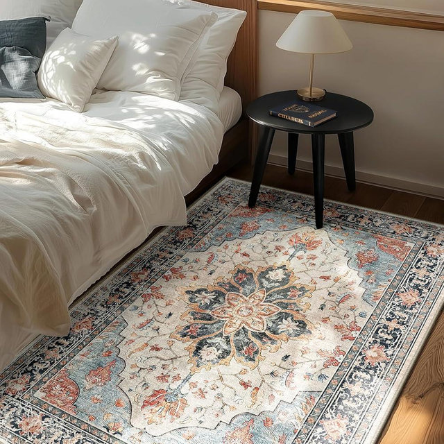 RELEANY Area Rugs 4'x6' Washable Non-Slip, Floral Vintage Distress Print Pattern Medallion Carpet for Living Room Bedroom Dining Room, Beige Navy Blue Orange Colorful