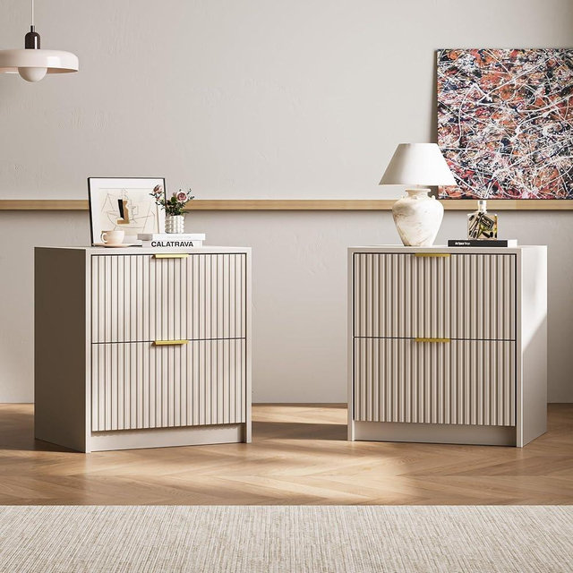 MAISONARIA Fluted Nightstands Set of 2 with 2 Drawers, 19.6" Modern Storage Bedside Table with Golden Metal Handles, Wooden End Table for Bedroom, Beige