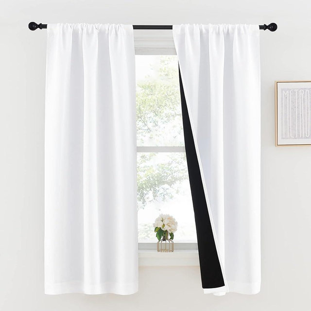 NICETOWN White 100% Blackout Lined Curtains, 2 Thick Layers Completely Blackout Rod Pocket Thermal Insulated Drapes for Kitchen/Bedroom (1 Pair, 37 inches Width x 63 inches Length Each Panel)