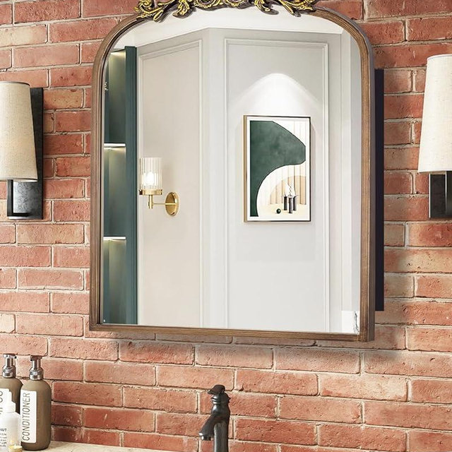 24x30 Inch Bathroom Medicine Cabinet Surface Mounted, Bronze Arched Medicine Cabinet with Mirror, All-Metal Black Medicine Cabinets with Hand-Painted Aluminum Door Frame, 2 Stable & Removable Shelves