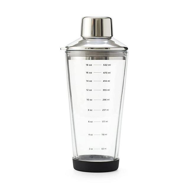 Rabbit 18 oz Glass Cocktail Shaker with Printed Measurements, Multi-Use Stainless Steel Topper with 1.5 oz Jigger Cap and Strainer