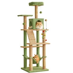 MWPO 63.8 Inches Green Cat Tree for Indoor Cats, Multi-Level Cat Tower with Sisal-Covered Scratching Posts, Padded Platform, Hammock, Dangling Toys, Stable Cat Condo Pet Play House