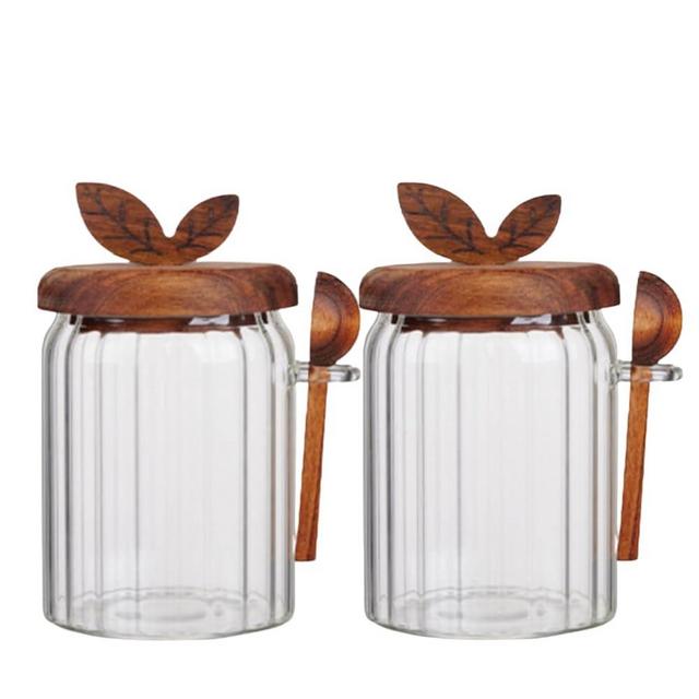 ANSQU 2 Pack Glass Jars with Wooden Lids and Spoons, 20.3oz Food Storage Containers Coffee Jar Coffee Grounds Container, Glass Food Storage Canister