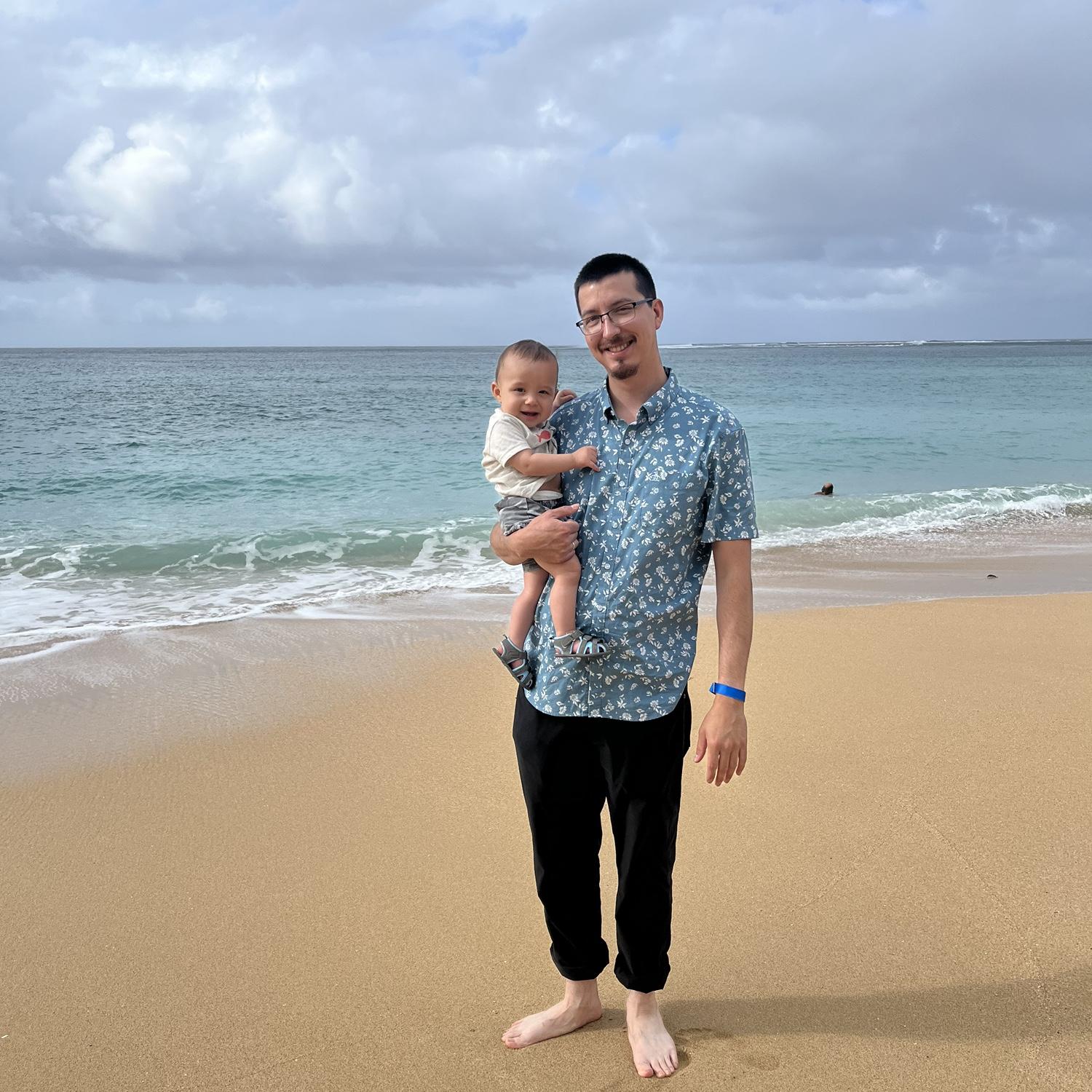 Fabian and daddy on the beach and in Hawaii