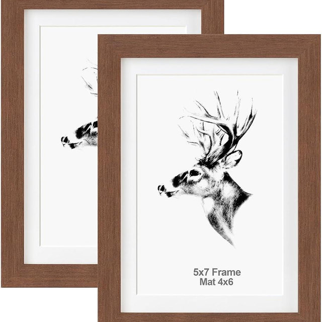 Yaetm 5x7 Picture Frame with Mat for 4x6 Set of 2, Walnut Brown, Solid Wood Photo Frames 5x7 with Tempered Glass, Display on Tabletop or Wall Mounting (2 pack, Walnut)