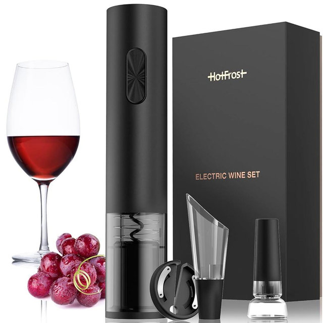 HotFrost Electric Wine Opener – Wine Bottle Opener Kit with Foil Cutter, Wine Aerator, Vacuum Stopper – Battery-Operated Corkscrew Wine Opener – Cordless Automatic Wine Opener – Birthday Wine Gift Set