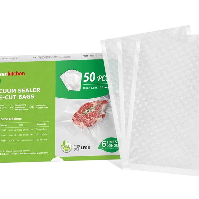 Bonsenkitchen Vacuum Sealer Bags, 50 Quart 8" x 12" Precut Food Sealer Bags, Commercial Grade, BPA Free, Heavy Duty, Customized Size Vacuum Bags for Vac Storage, Meal Prep or Sous Vide Cooking, VB12