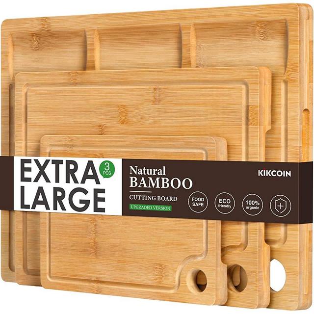 Bamboo Cutting Board for Kitchen, (Set of 3) Kitchen Chopping Board with 3 Built-In Compartments And Juice Groove Heavy Duty Serving Tray Organic Wood Butcher Block and Wooden Carving Board with Hole
