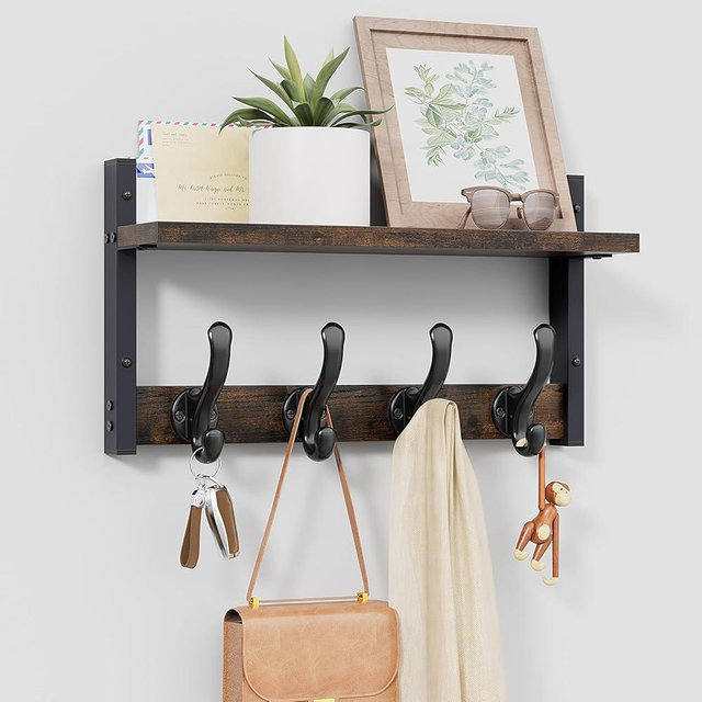 Tatub 16" Rustic Coat Rack Wall Mount with Shelf, Wall Hooks with Shelf, Heavy Duty Entryway Organizer Hangers for Hanging, Hat, Bag, Jacket for Bathroom, Living Room, Bedroom, Rustic Black