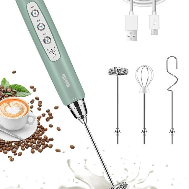 Nahida Handheld Milk Frother for Coffee, Rechargeable Electric Whisk with 3 Heads 3 Speeds Drink Mixer Foam Maker For Latte, Cappuccino, Hot Chocolate, Egg