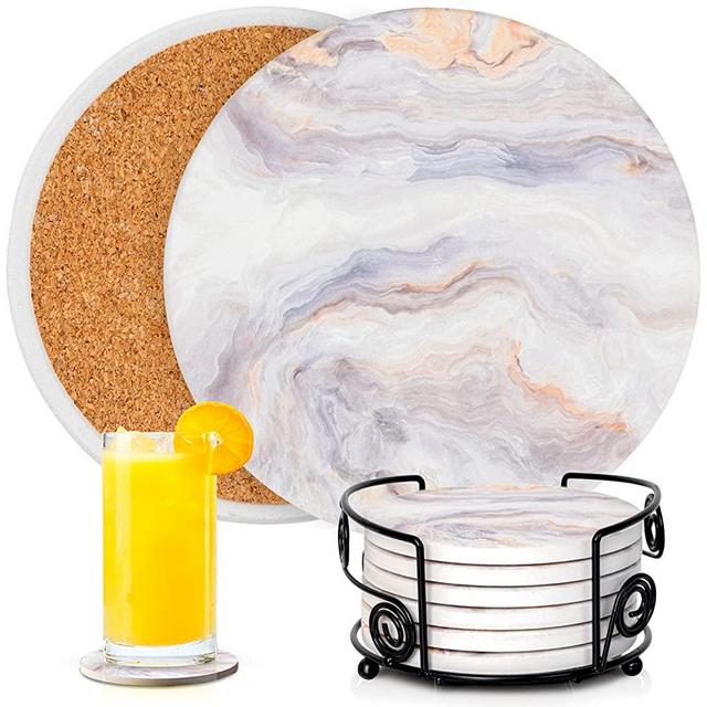 LUSIRE Coasters for Drinks Absorbent - Drink Coasters for Wooden Table Top Protection, Unique Marble Pattern Coaster Set of 6, Ceramic Stone Coasters with Holder, Desk, Tray or Coffee Table Decor
