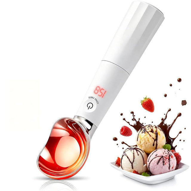 KEHFPMW Heated Ice Cream Scoop Rechargeable, Rapid Heating Electric Scooper to 158°F with LED Display, IP65 Waterproof & Easy to Clean, Smart 2-Sec Touch Control for Hard Gelato & Cookie Dough, White
