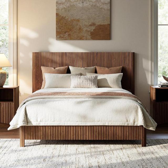 Evermagin Walnut Queen Bed Frame with Headboard, Mid Century Modern Fluted Platform Bed, Boho Wooden Bed Base No Box Spring Needed, Wavy Grooved Panel