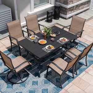 Nuu Garden 7 -Piece Black Patio Dining Set Iron Rectangle Table with 6 Brown Stationary and Motion Chairs
