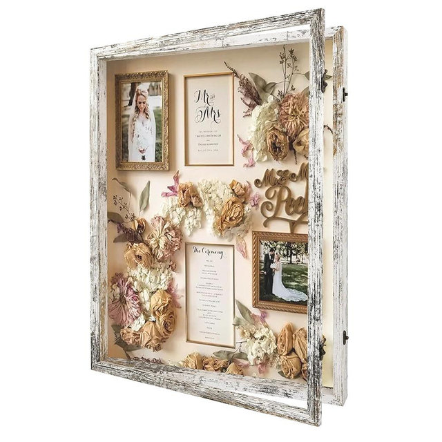 GraduatePro Shadow Box Frame 18x24 Display Case with Linen Back, Plexiglass Window Door with Hinge, Picture Frame Wedding Bouquet Memorabilia Medals Photos Memory Box for Keepsakes Rustic White