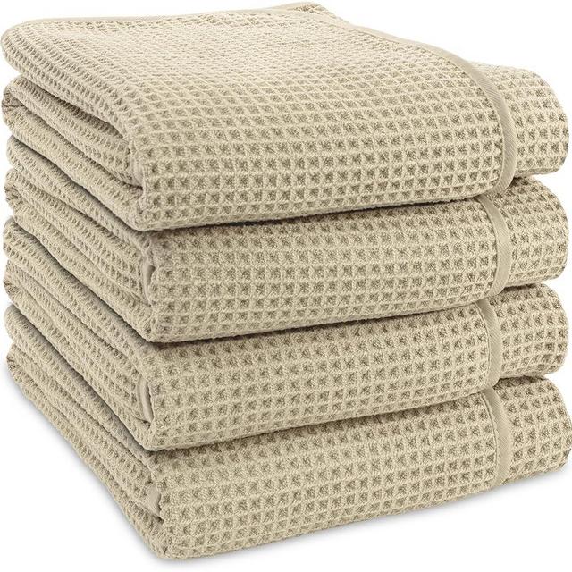 S&T INC. Bath Towels, Premium Towels for Bathroom, Extra Large, Thick and Absorbent Microfiber for Home, Yoga, and Gym, Waffle Weave, 30 Inches x 60 Inches, 4 Pack, Tan