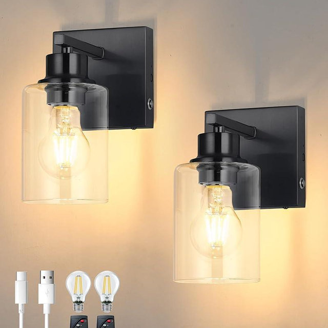Battery Operated Wall Sconce Set of 2, Dimmable Wireless Sconces with Remote and Touch Control, Rechargeable Wall Lights Modern Cordless Lighting for Living Room, Bedroom, Black with 2 E26 Bulb