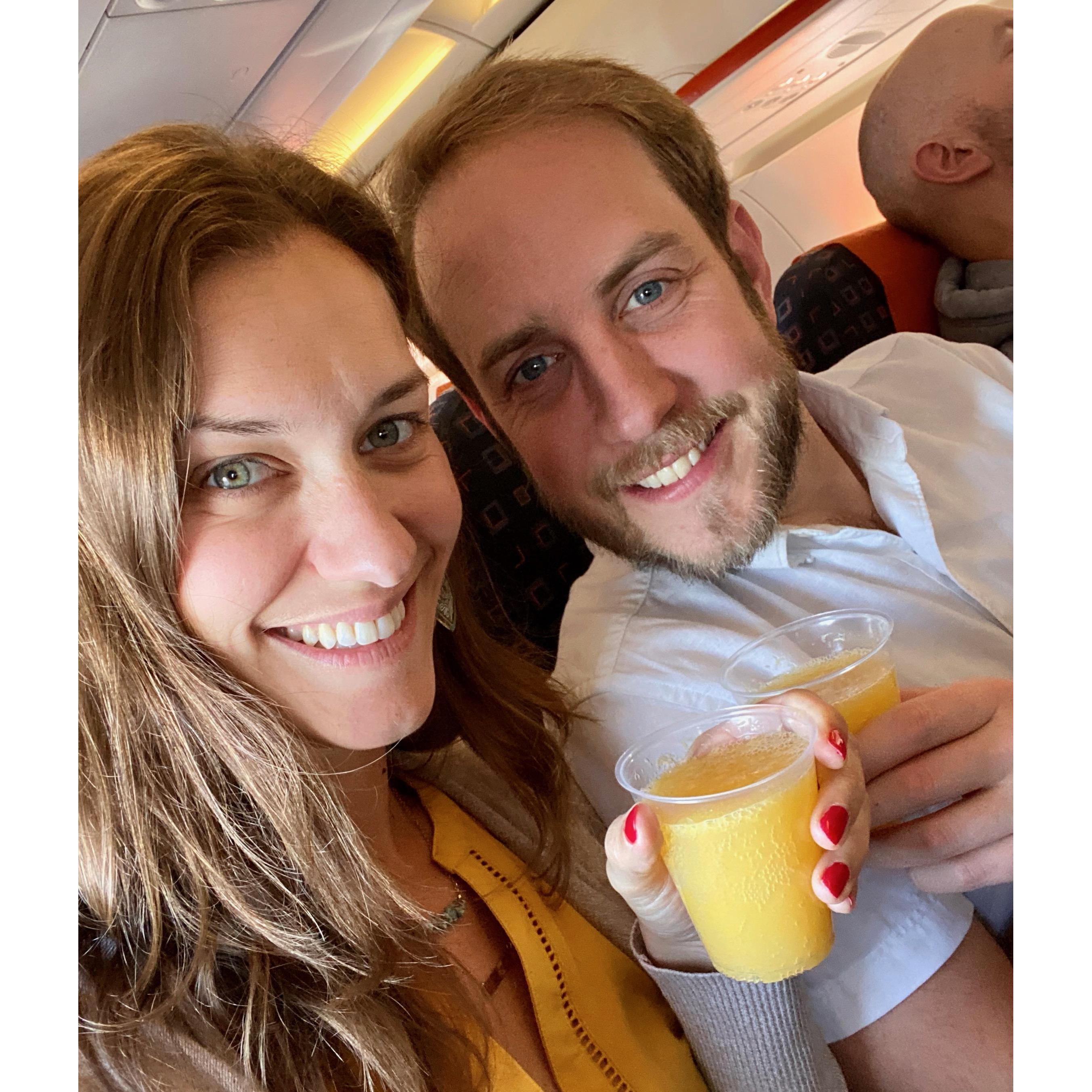 Mimosas on the plane for Kate's SURPRISE birthday trip to Barcelona!