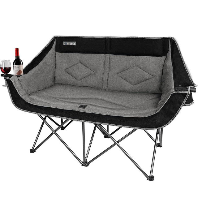 Oversized Double Camping Chair-Heavy Duty 2 Person Folding Loveseat Camp Couch for Adults,Portable Outdoor Lawn Chairs with Padded Seat for Fishing,Sports and Patio,Supports 500 LBS,Black