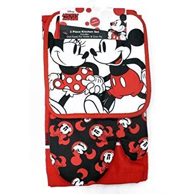Disney Oven Mitt Pot Holder & Dish Towel 3 pc Kitchen Set (Mickey Minnie Red)
