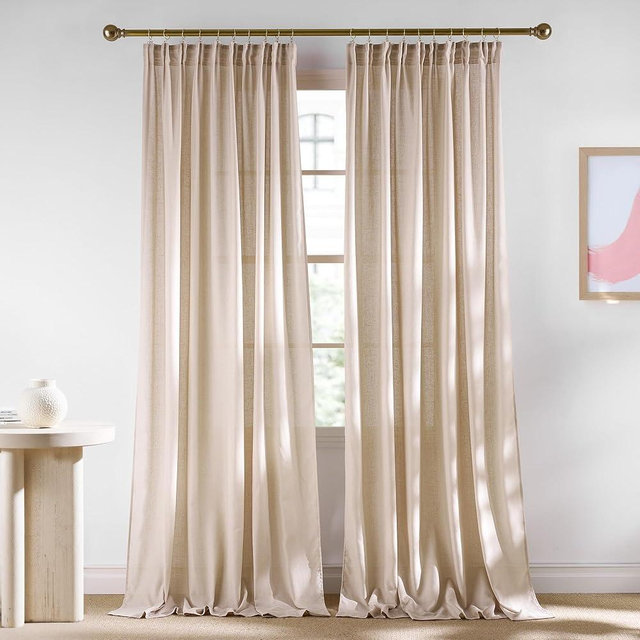 NICETOWN Semi Sheer Light Filtering 108 inches Long Curtains, Back Tab/Rod Pocket with Pleat Tape Thick Linen Privacy Added Window Treatments for Bedroom, Angora, W52 x L108, 2 Panels