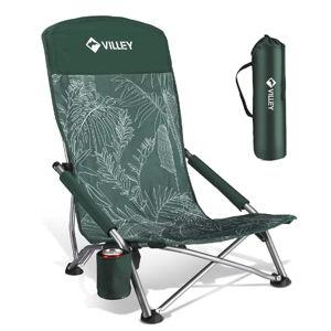 VILLEY Low Beach Chair, High Back Folding Adult Chair, Lightweight & Portable for Outdoor, Beach, Camping, Lawn, Music Festival, with Cup Holder & Carry Bag - Vintage Green Leaves