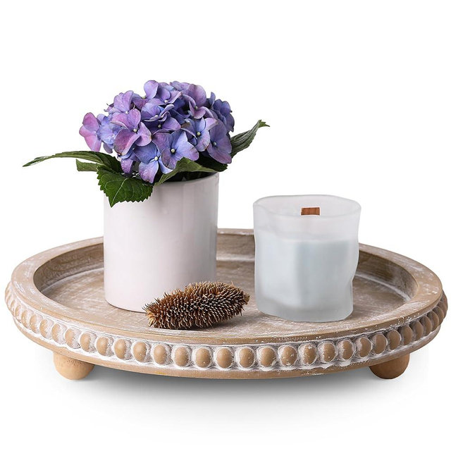 Nacidooka Beaded Coffee Table Tray for Home Decor,Beige Round Decorative Tray for Kitchen Counter,Farmhouse Wooden Tray Centerpiece for Dining Table Decor, Entryway and Living Room Table(12 in)